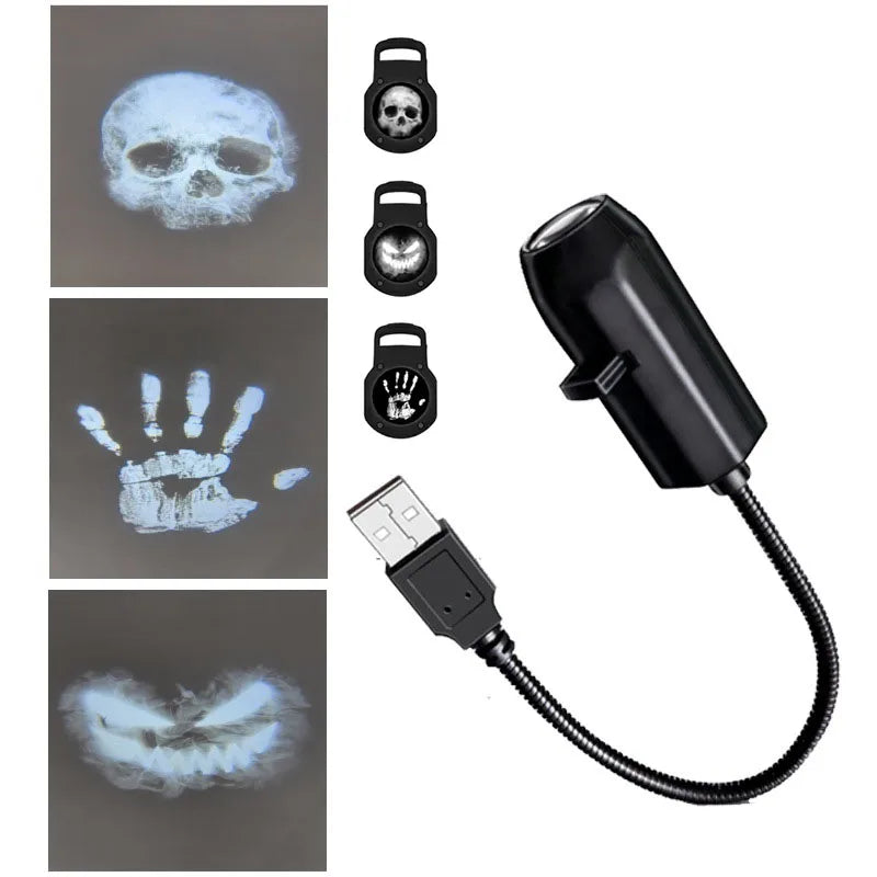 Halloween USB Skull Projector Light – Rotating Ghost LED Lamp