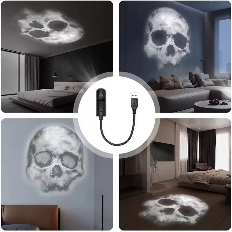 Halloween USB Skull Projector Light – Rotating Ghost LED Lamp