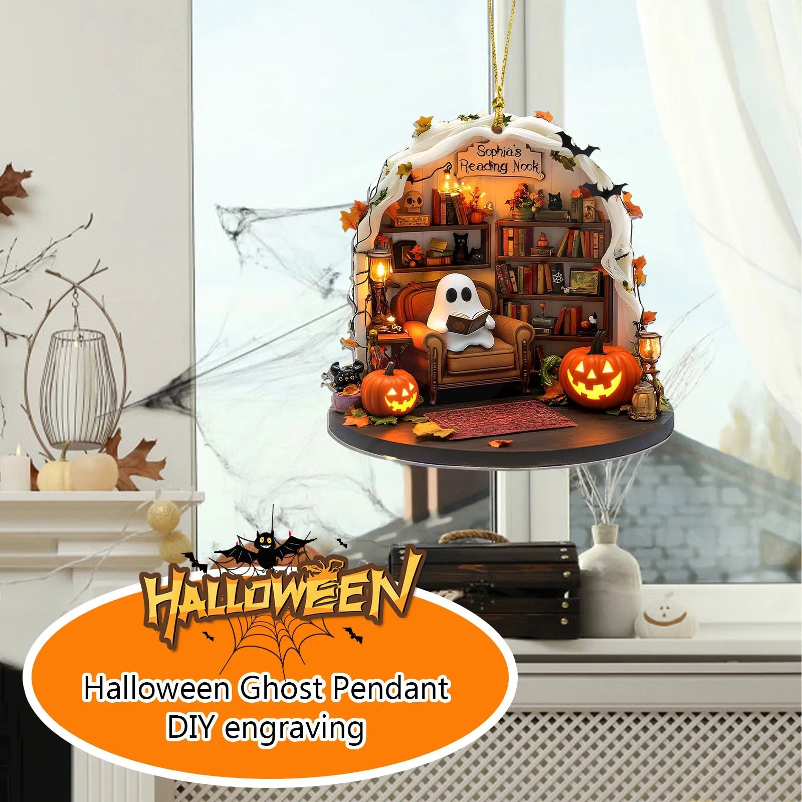 Halloween Ghost Reading Ornament – 2D Flat Party Decor