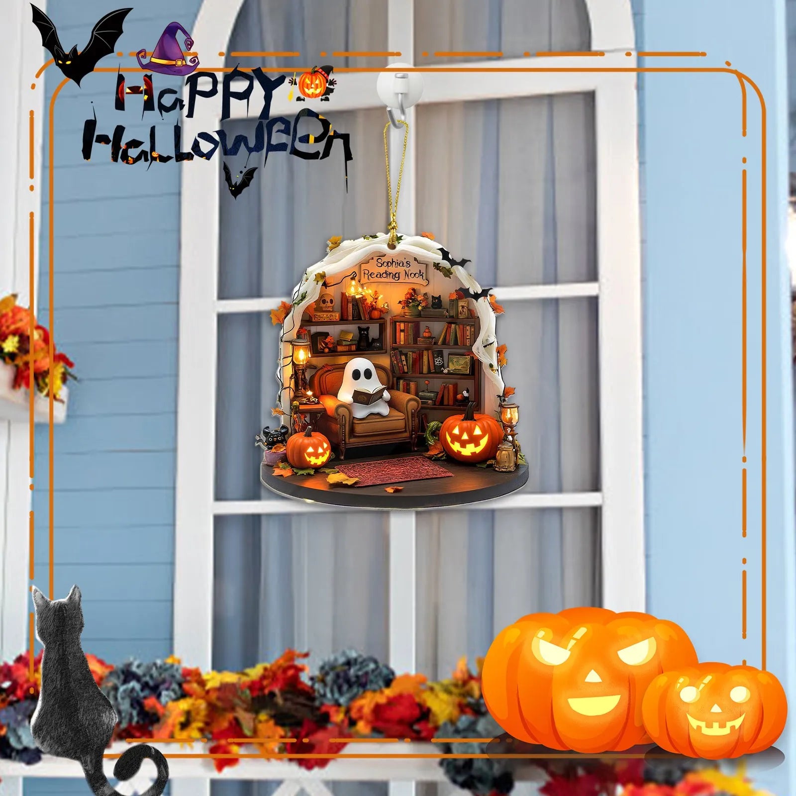 Halloween Ghost Reading Ornament – 2D Flat Party Decor