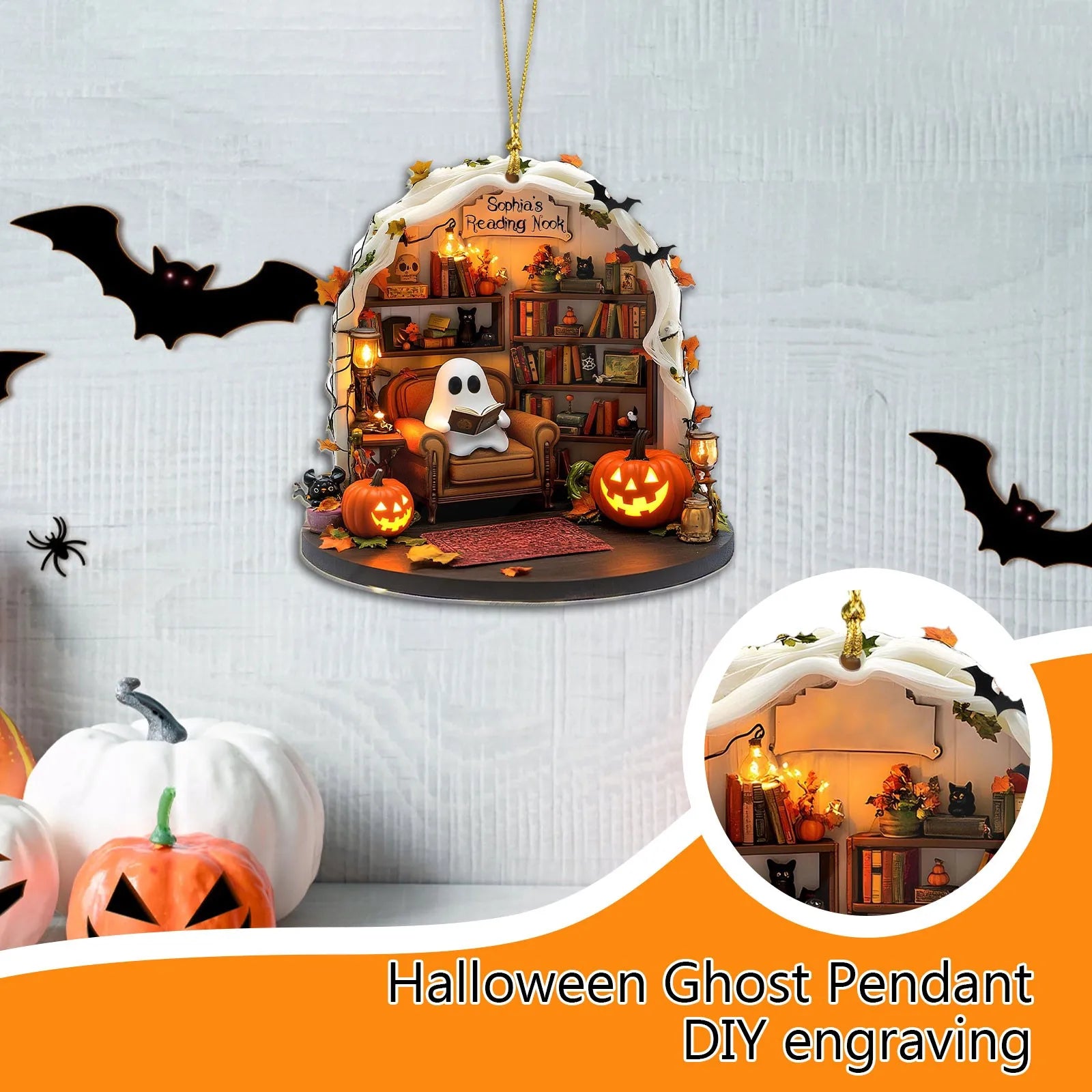 Halloween Ghost Reading Ornament – 2D Flat Party Decor