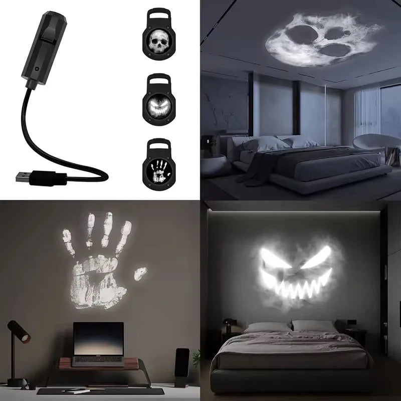 Halloween USB Skull Projector Light – Rotating Ghost LED Lamp