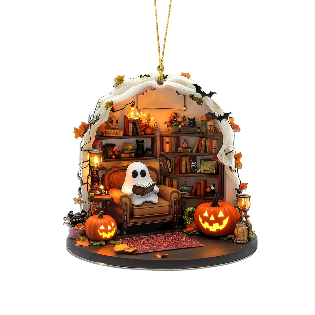 Halloween Ghost Reading Ornament – 2D Flat Party Decor