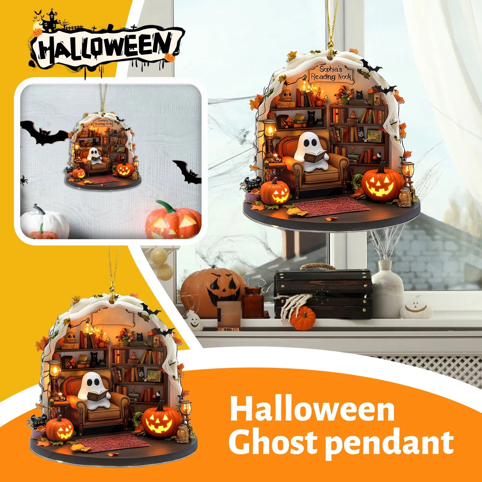 Halloween Ghost Reading Ornament – 2D Flat Party Decor